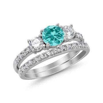 3-Stone Wedding Bridal Piece Ring Simulated Paraiba Tourmaline CZ 925 Sterling Silver
